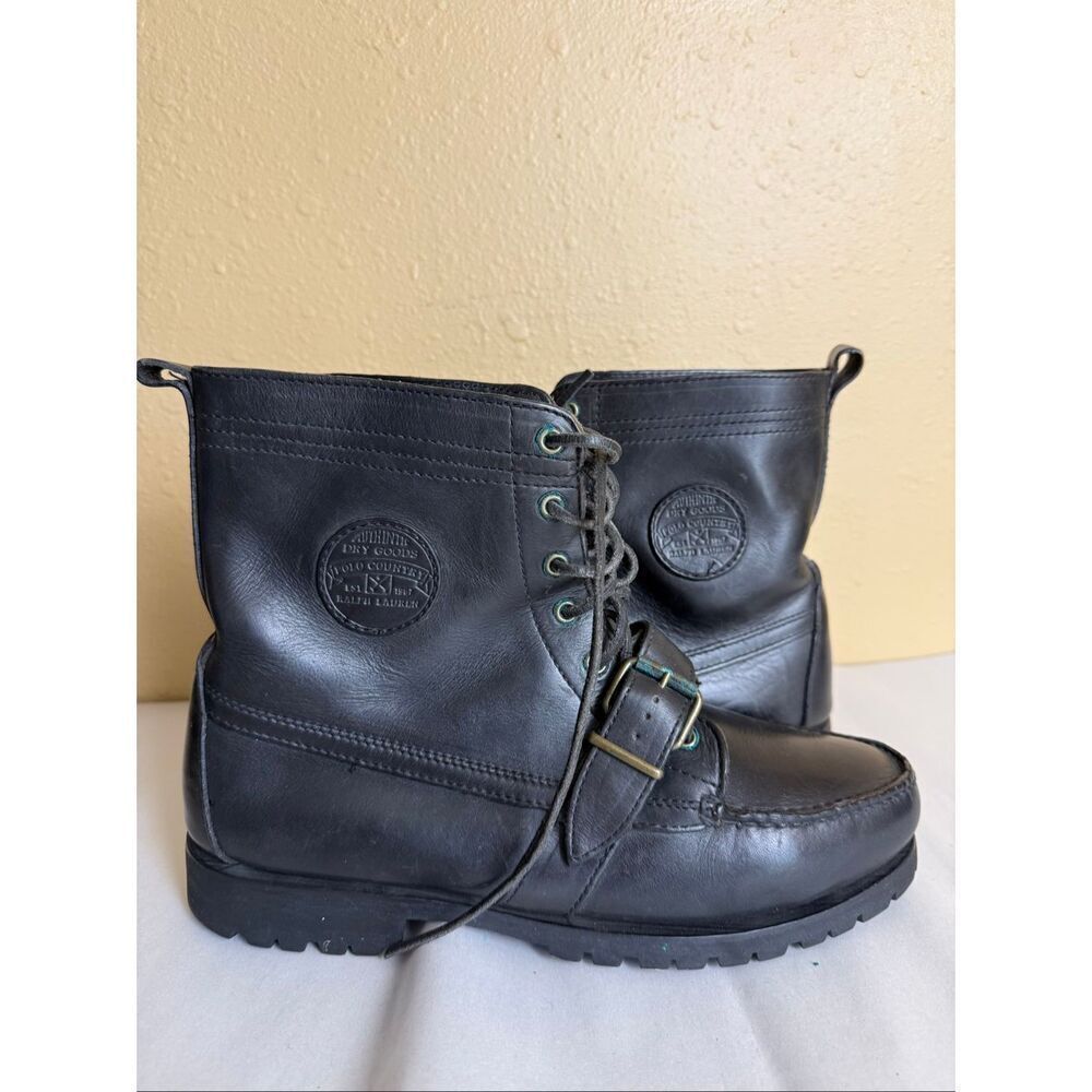 Polo Ralph Lauren Polo Country Black Leather Lace-Up Buckle Boots Mens Size 11
